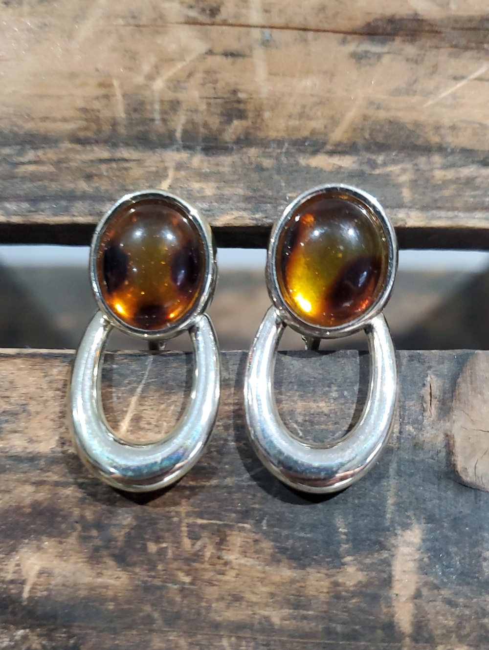 Amber Cabochon Silver Tone Clip On Drop Earrings - Women Jewelry Resort Classic